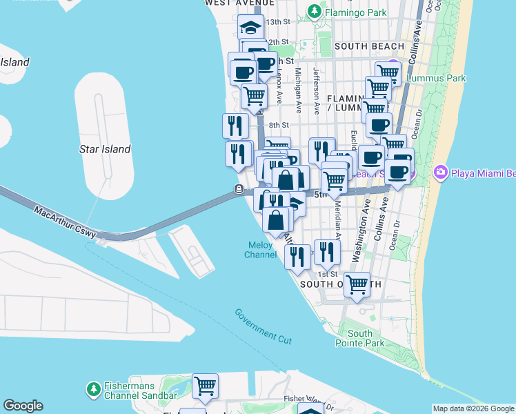 map of restaurants, bars, coffee shops, grocery stores, and more near 400 Alton Road in Miami Beach