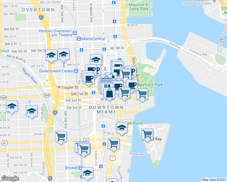 map of restaurants, bars, coffee shops, grocery stores, and more near 100 Southeast 2nd Street in Miami