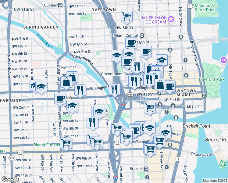 map of restaurants, bars, coffee shops, grocery stores, and more near 19 Southwest North River Drive in Miami