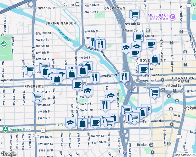 map of restaurants, bars, coffee shops, grocery stores, and more near 537 Southwest 1st Street in Miami