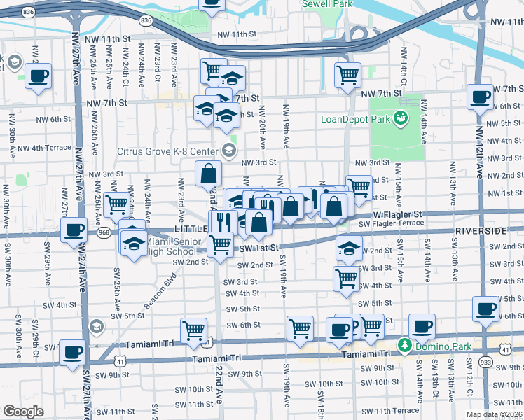 map of restaurants, bars, coffee shops, grocery stores, and more near 1917 West Flagler Street in Miami