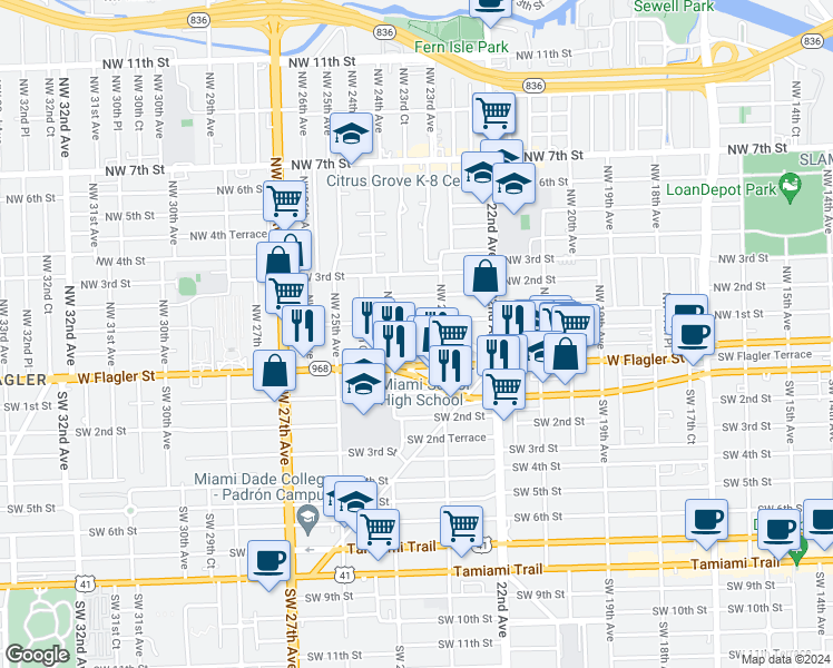 map of restaurants, bars, coffee shops, grocery stores, and more near 2306 Northwest Flagler Terrace in Miami