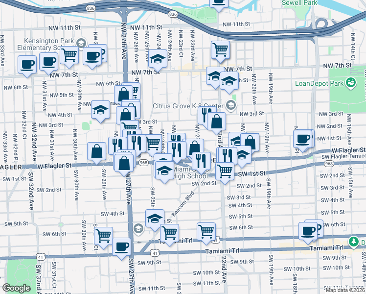 map of restaurants, bars, coffee shops, grocery stores, and more near in Miami