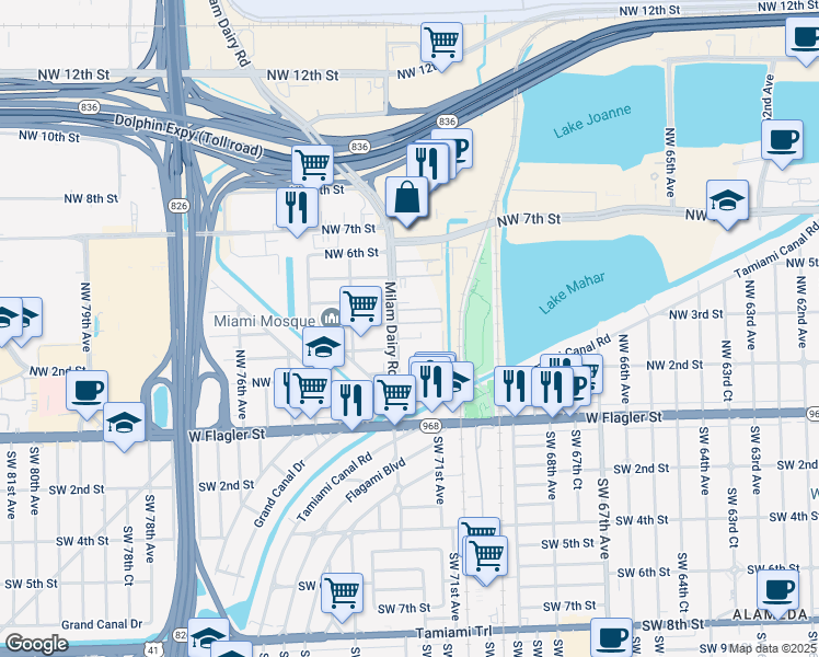 map of restaurants, bars, coffee shops, grocery stores, and more near 275 Northwest 72nd Avenue in Miami