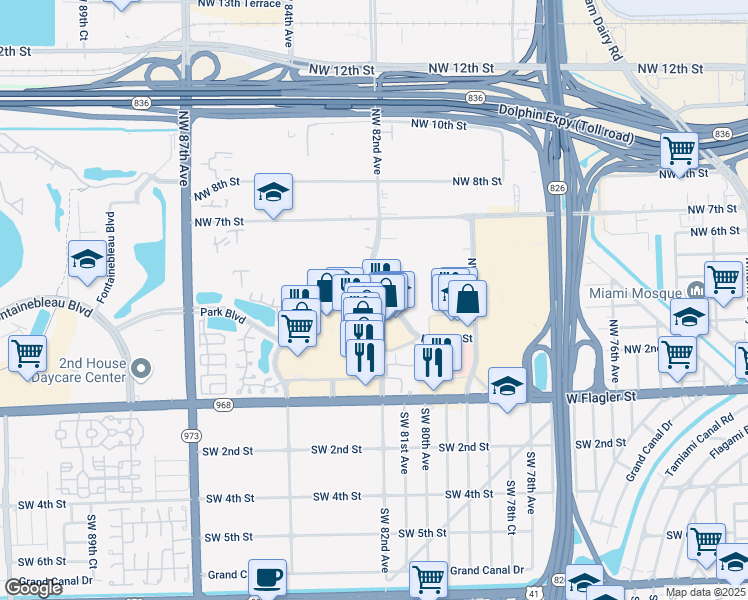 map of restaurants, bars, coffee shops, grocery stores, and more near 241 Northwest 82nd Avenue in Miami