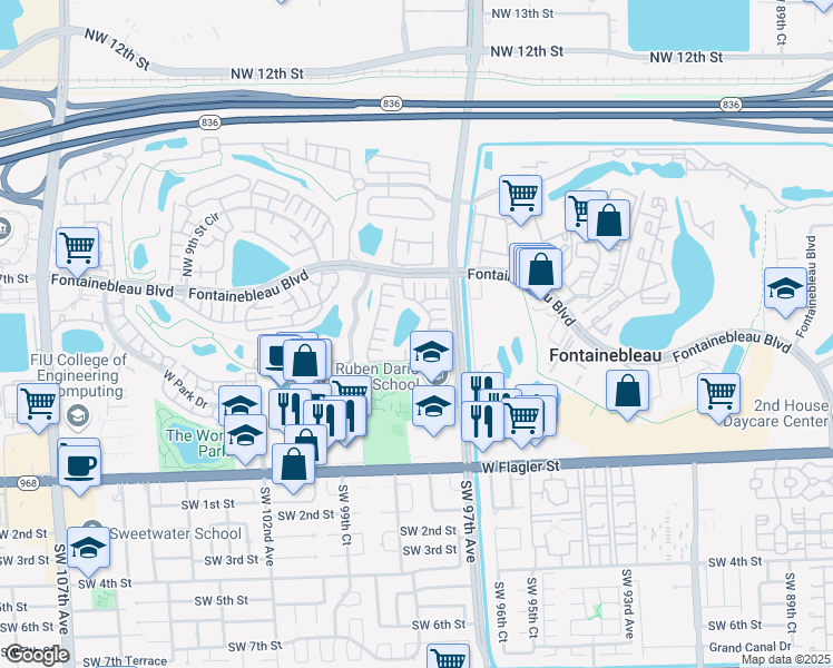 map of restaurants, bars, coffee shops, grocery stores, and more near 442 Northwest 97th Place in Miami