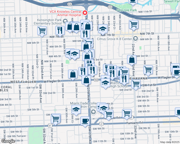 map of restaurants, bars, coffee shops, grocery stores, and more near 42 Northwest 27th Avenue in Miami