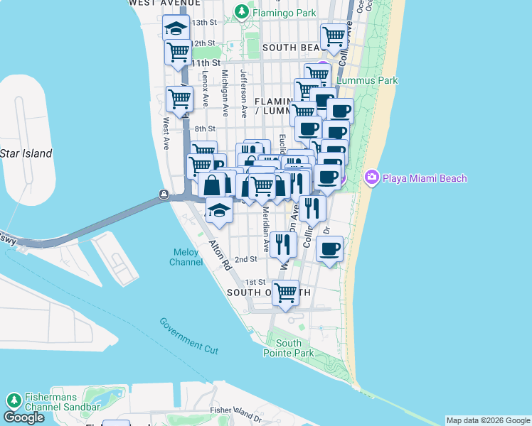 map of restaurants, bars, coffee shops, grocery stores, and more near 325 Meridian Avenue in Miami Beach