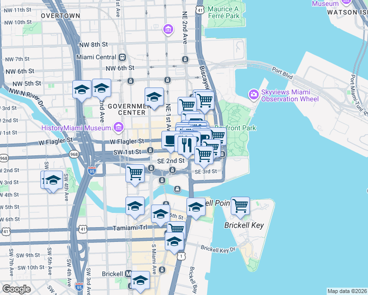 map of restaurants, bars, coffee shops, grocery stores, and more near 151 Southeast 1st Street in Miami