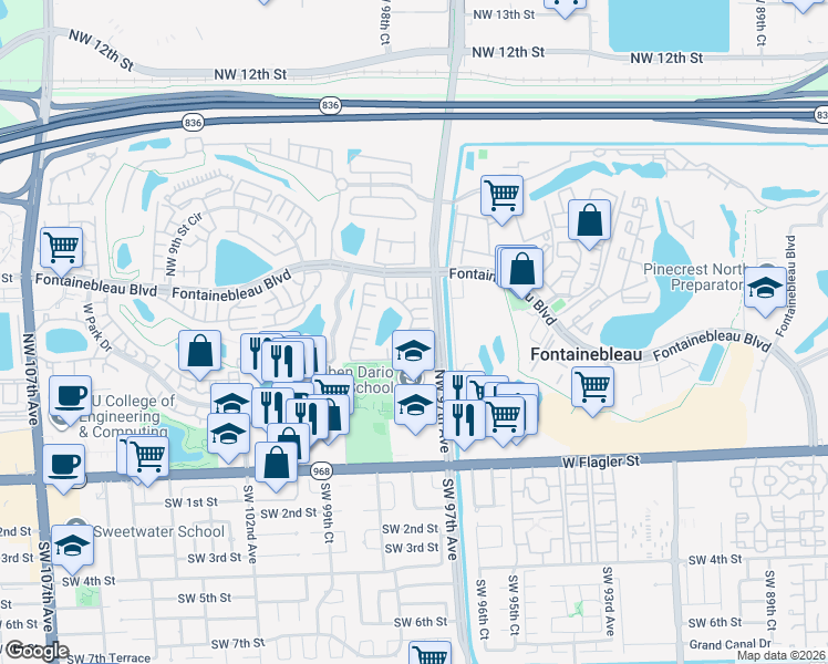 map of restaurants, bars, coffee shops, grocery stores, and more near 442 Northwest 97th Place in Miami