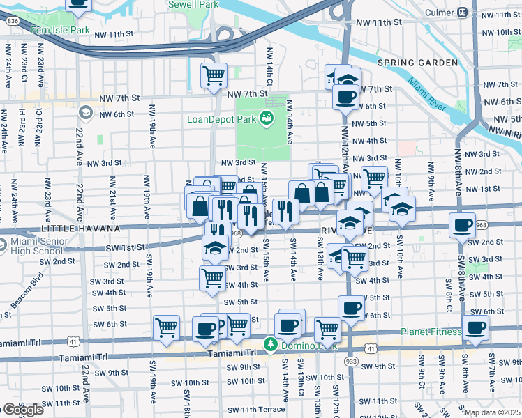 map of restaurants, bars, coffee shops, grocery stores, and more near 1511 Southwest Flagler Terrace in Miami