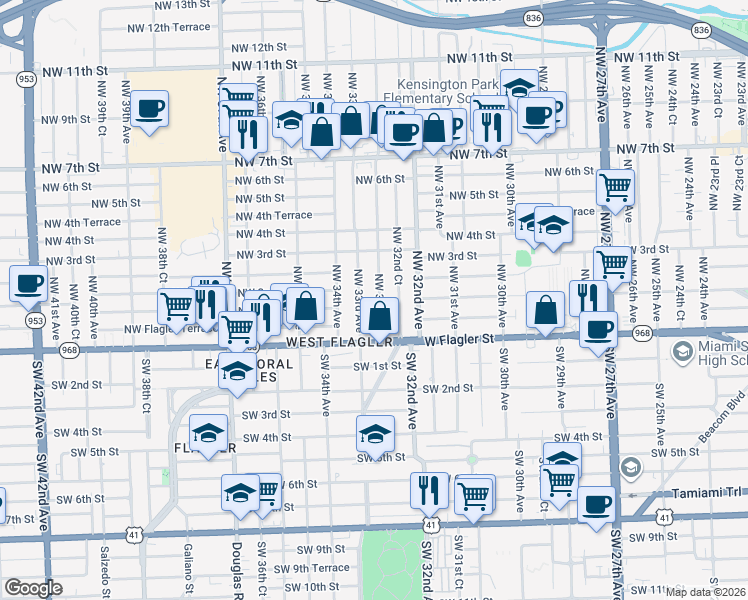map of restaurants, bars, coffee shops, grocery stores, and more near 50 Northwest 32nd Avenue in Miami