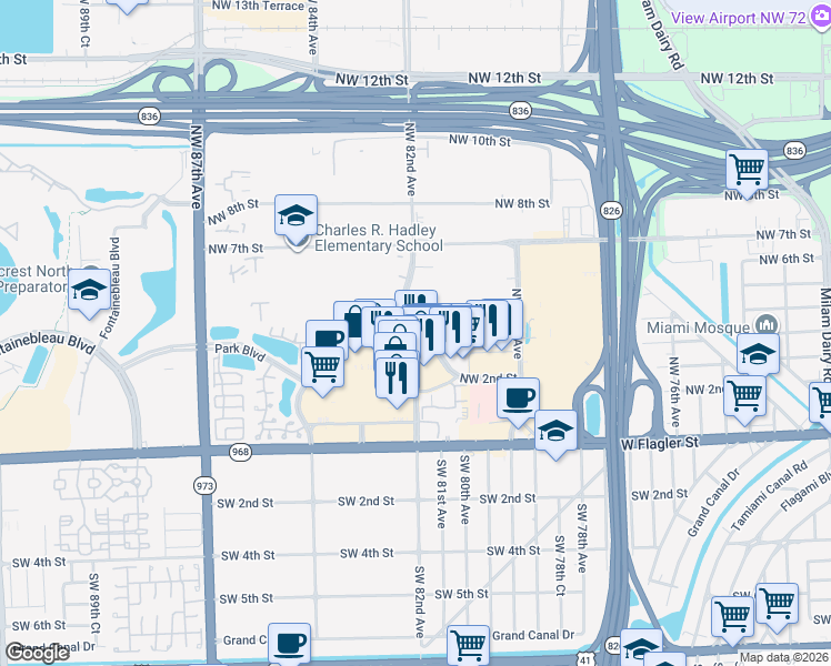 map of restaurants, bars, coffee shops, grocery stores, and more near 241 Northwest 82nd Avenue in Miami