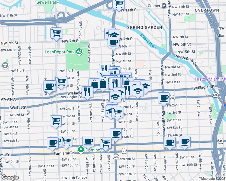 map of restaurants, bars, coffee shops, grocery stores, and more near 1250 Southwest Flagler Terrace in Miami