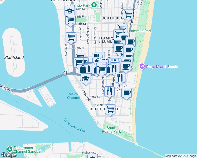 map of restaurants, bars, coffee shops, grocery stores, and more near 325 Meridian Avenue in Miami Beach