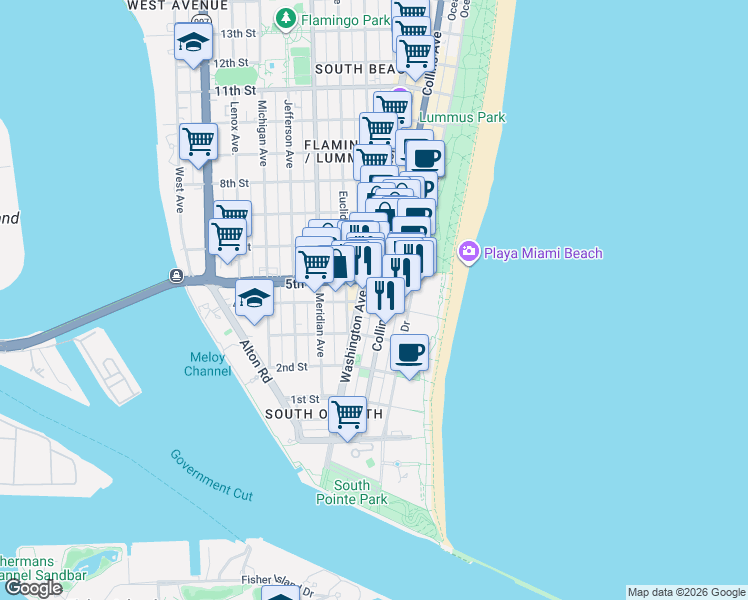 map of restaurants, bars, coffee shops, grocery stores, and more near in Miami Beach