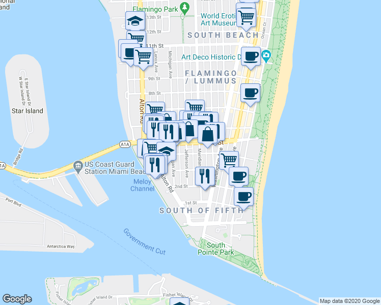 map of restaurants, bars, coffee shops, grocery stores, and more near 334 Jefferson Avenue in Miami Beach