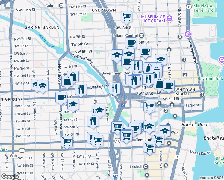 map of restaurants, bars, coffee shops, grocery stores, and more near 19 Southwest North River Drive in Miami