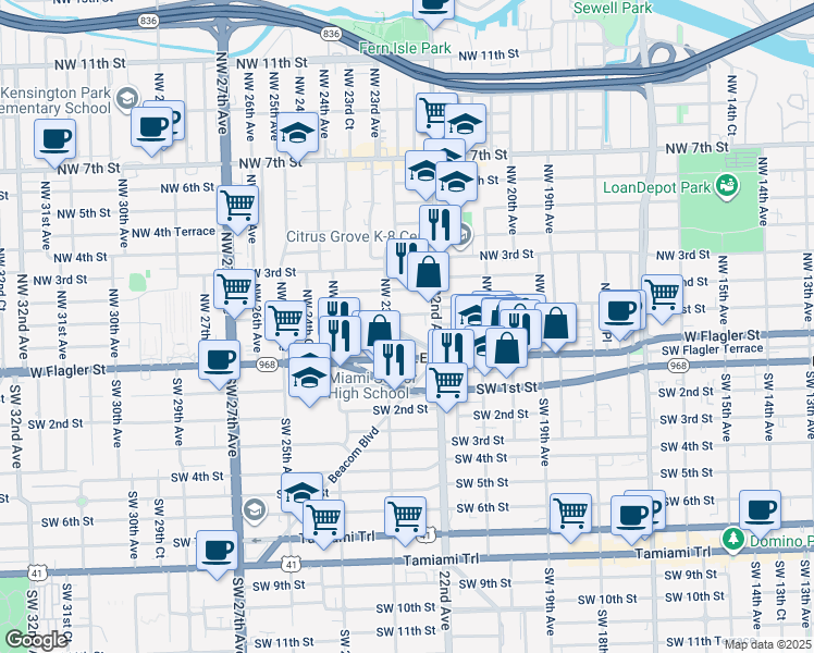 map of restaurants, bars, coffee shops, grocery stores, and more near 2235 West Flagler Street in Miami