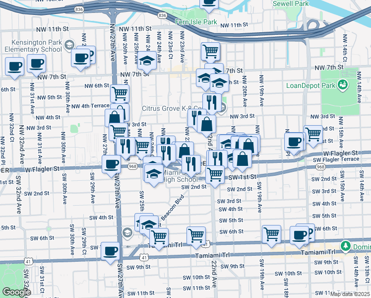 map of restaurants, bars, coffee shops, grocery stores, and more near 2306 Northwest Flagler Terrace in Miami