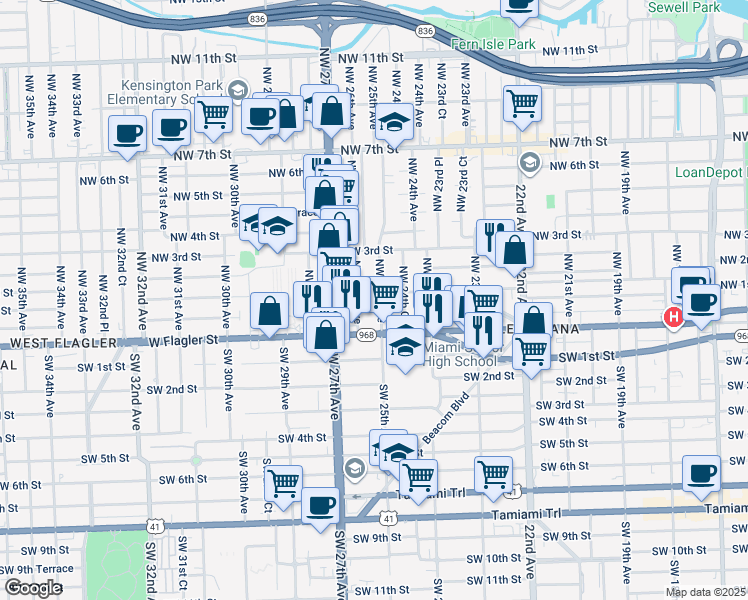 map of restaurants, bars, coffee shops, grocery stores, and more near 25 Northwest 26th Avenue in Miami