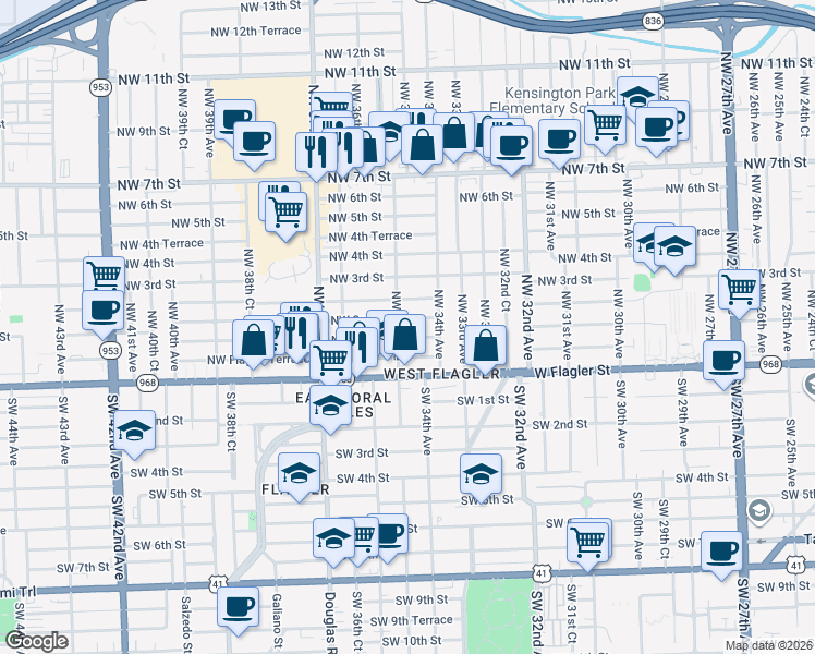 map of restaurants, bars, coffee shops, grocery stores, and more near 3434 Northwest 1st Street in Miami