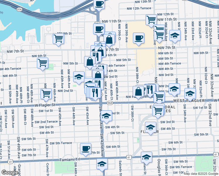 map of restaurants, bars, coffee shops, grocery stores, and more near 77 Northwest 40th Court in Miami