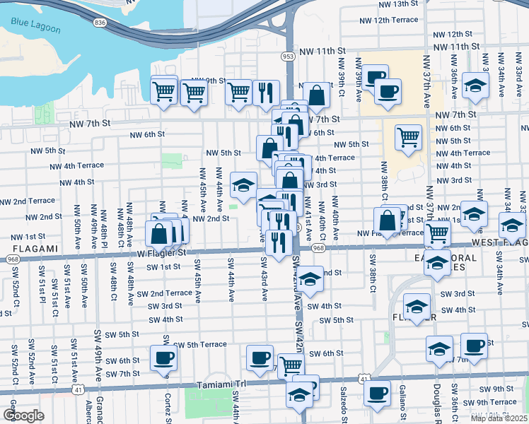 map of restaurants, bars, coffee shops, grocery stores, and more near 4275 Northwest 1st Street in Miami