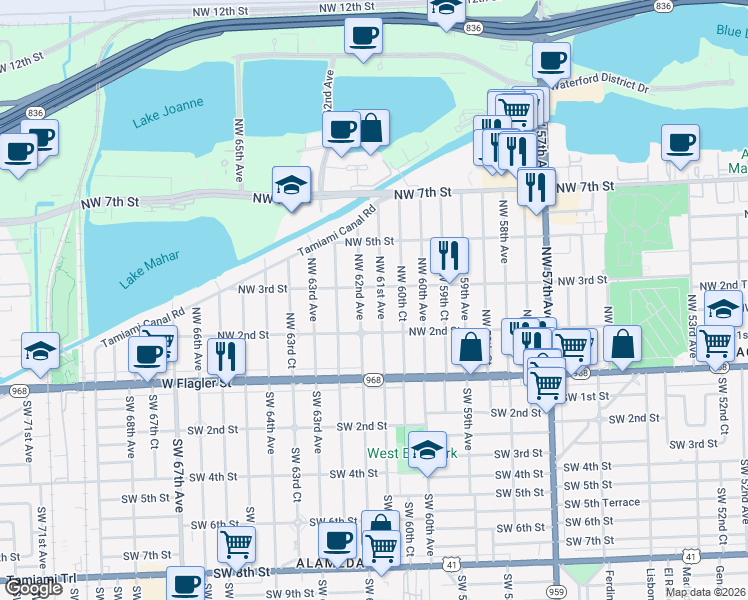 map of restaurants, bars, coffee shops, grocery stores, and more near 225 Northwest 61st Avenue in Miami