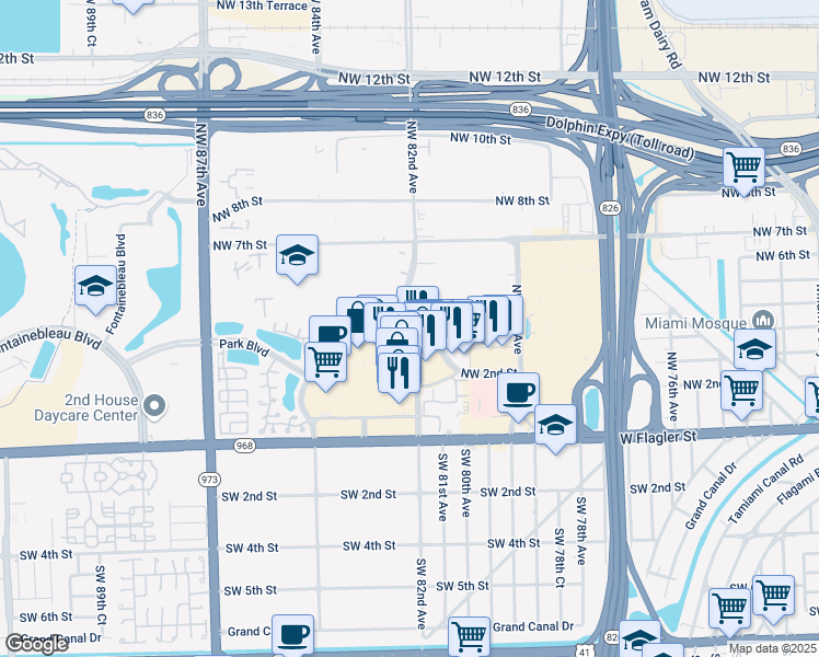 map of restaurants, bars, coffee shops, grocery stores, and more near 241 Northwest 82nd Avenue in Miami