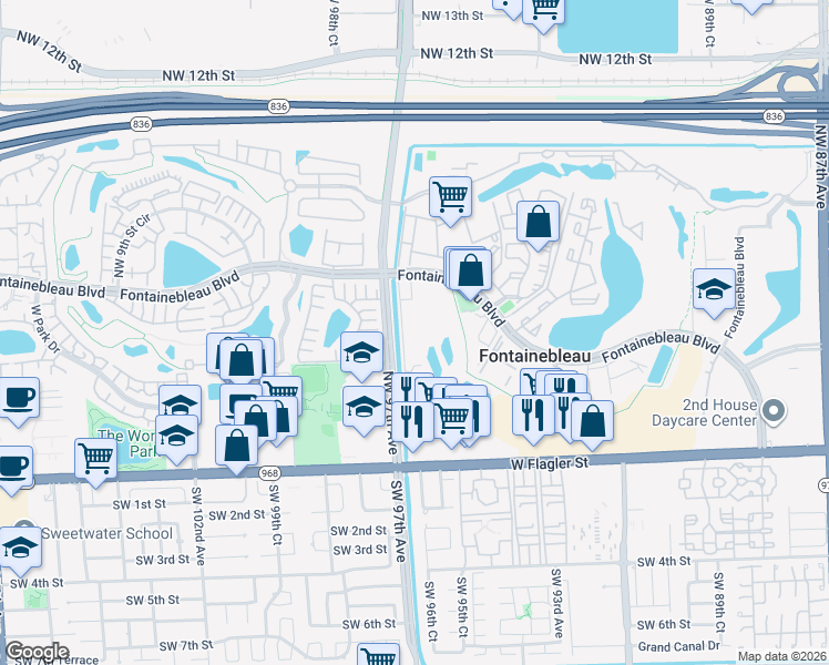 map of restaurants, bars, coffee shops, grocery stores, and more near 9686 Fontainebleau Boulevard in Miami