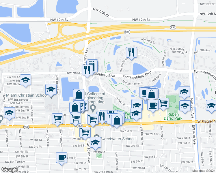 map of restaurants, bars, coffee shops, grocery stores, and more near 201 Northwest 3rd Street in Miami