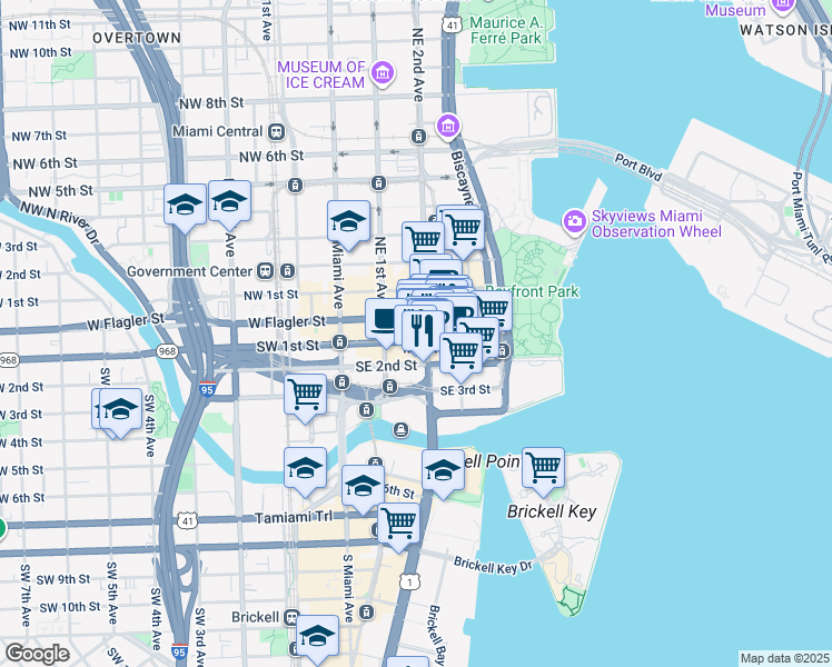 map of restaurants, bars, coffee shops, grocery stores, and more near 151 Southeast 1st Street in Miami
