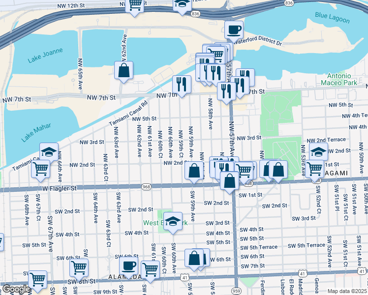 map of restaurants, bars, coffee shops, grocery stores, and more near 220 Northwest 59th Avenue in Miami