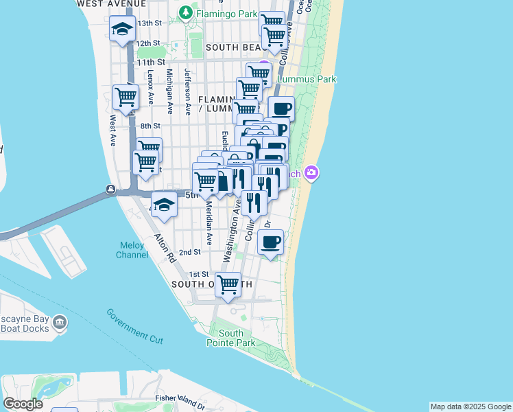map of restaurants, bars, coffee shops, grocery stores, and more near 345 Collins Avenue in Miami Beach