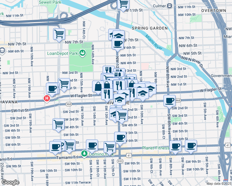 map of restaurants, bars, coffee shops, grocery stores, and more near 1250 Southwest Flagler Terrace in Miami
