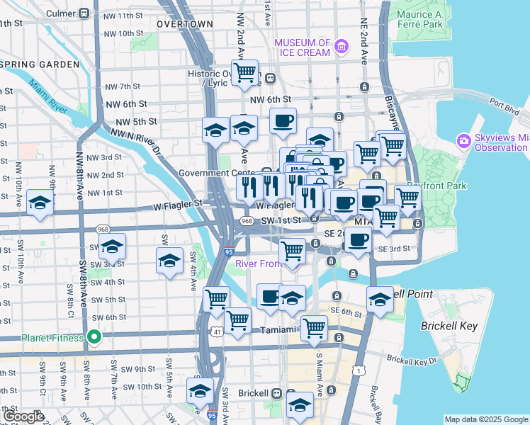 map of restaurants, bars, coffee shops, grocery stores, and more near 140 West Flagler Street in Miami