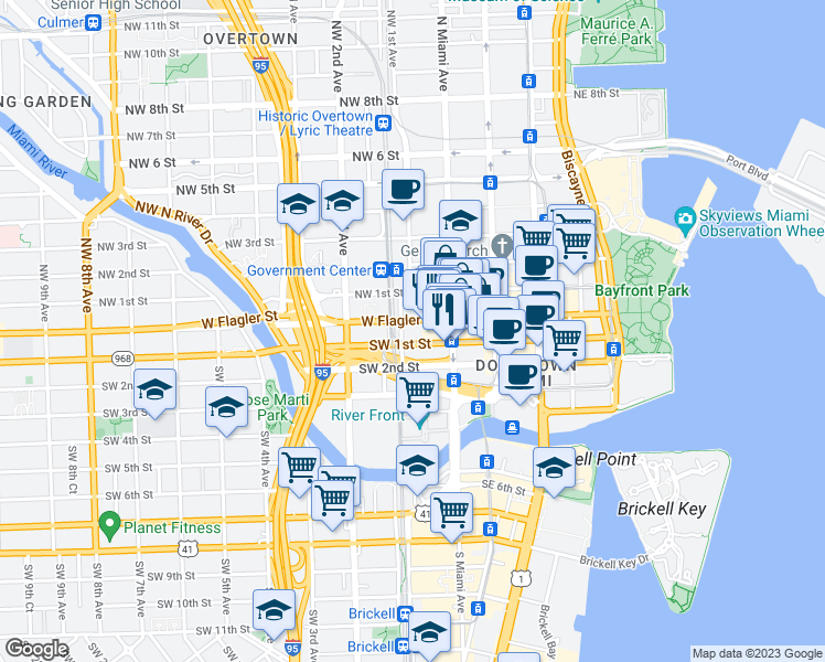 map of restaurants, bars, coffee shops, grocery stores, and more near 51 Southwest 1st Avenue in Miami