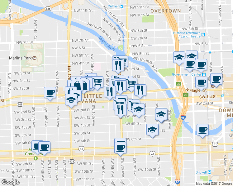 map of restaurants, bars, coffee shops, grocery stores, and more near 832 W Flagler St in Miami