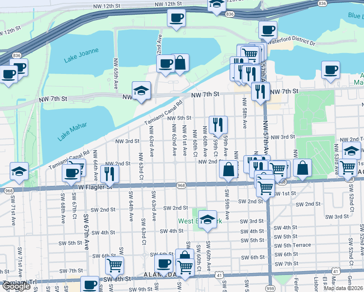 map of restaurants, bars, coffee shops, grocery stores, and more near 225 Northwest 61st Avenue in Miami