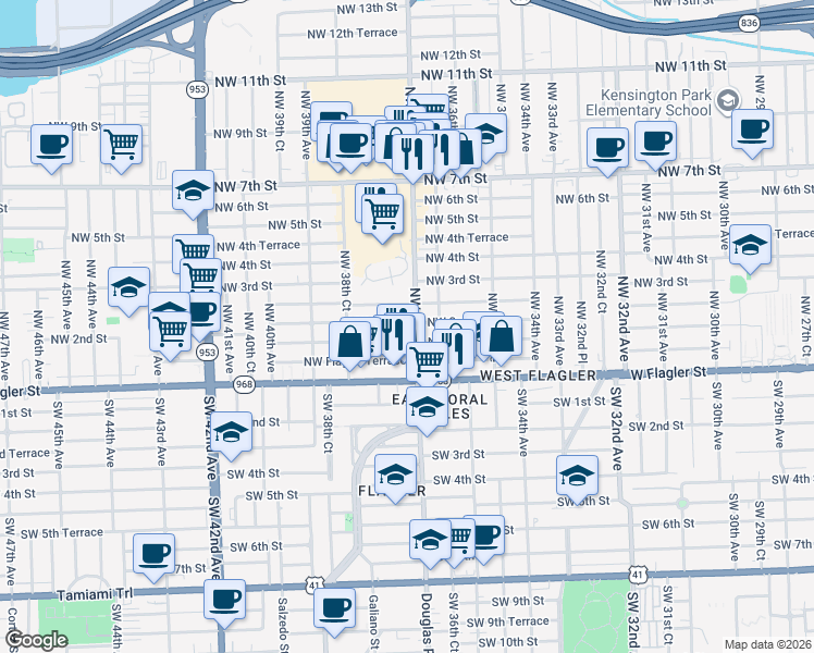 map of restaurants, bars, coffee shops, grocery stores, and more near 3708 Northwest 2nd Terrace in Miami