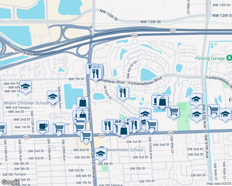 map of restaurants, bars, coffee shops, grocery stores, and more near 655 West Park Drive in Miami