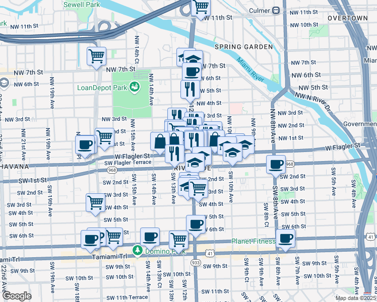 map of restaurants, bars, coffee shops, grocery stores, and more near 1255 Northwest 1st Street in Miami