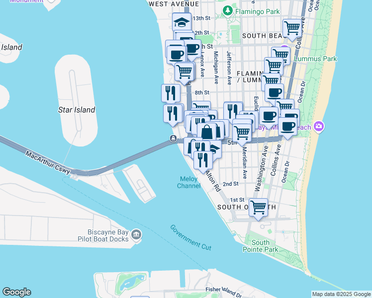 map of restaurants, bars, coffee shops, grocery stores, and more near 1123 5th Street in Miami Beach