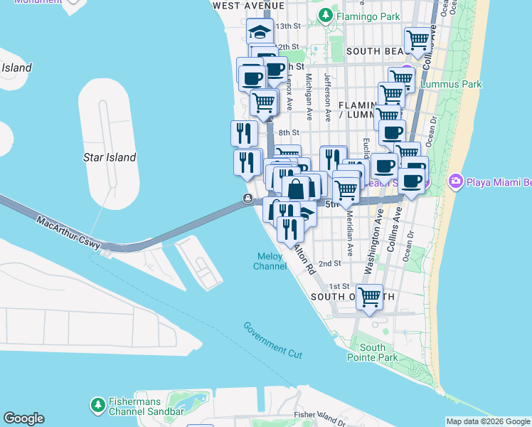 map of restaurants, bars, coffee shops, grocery stores, and more near 1123 5th Street in Miami Beach