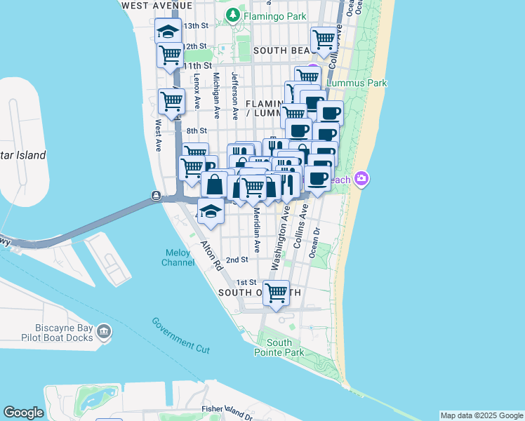 map of restaurants, bars, coffee shops, grocery stores, and more near 741 5th Street in Miami Beach