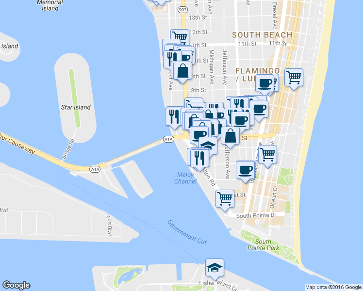 map of restaurants, bars, coffee shops, grocery stores, and more near 1123 5th Street in Miami Beach