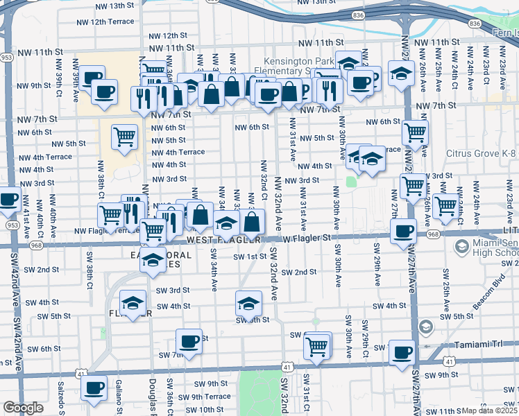 map of restaurants, bars, coffee shops, grocery stores, and more near 200 Northwest 32nd Court in Miami