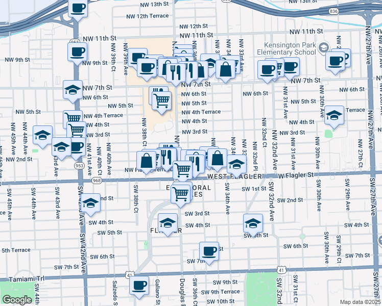 map of restaurants, bars, coffee shops, grocery stores, and more near 229 Northwest 36th Court in Miami