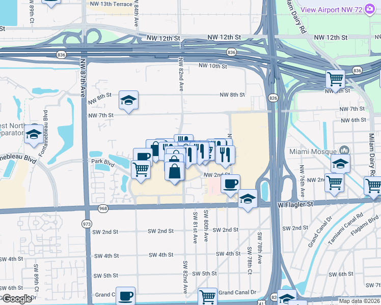 map of restaurants, bars, coffee shops, grocery stores, and more near 471 Northwest 82nd Avenue in Miami